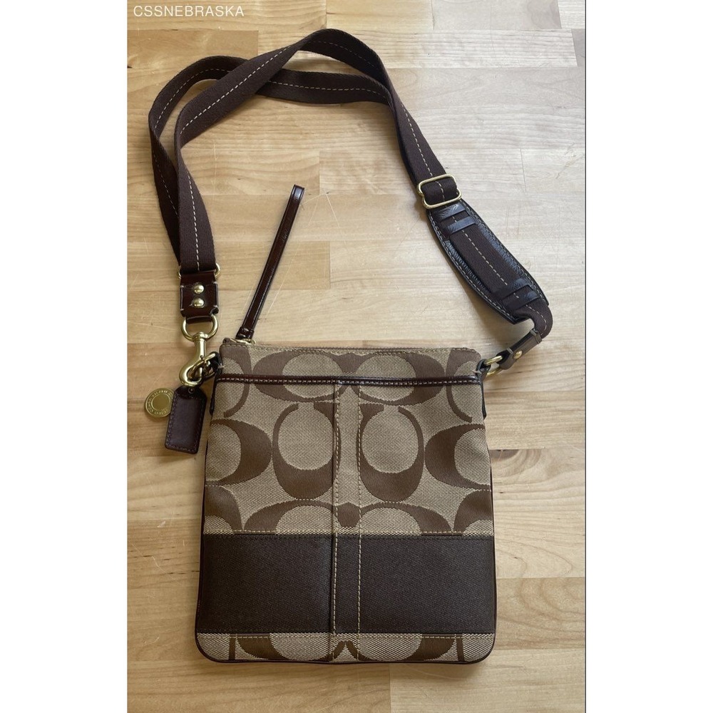 Coach Brown Khaki‎ Signature Canvas Crossbody File Bag Medium Brass Hardware